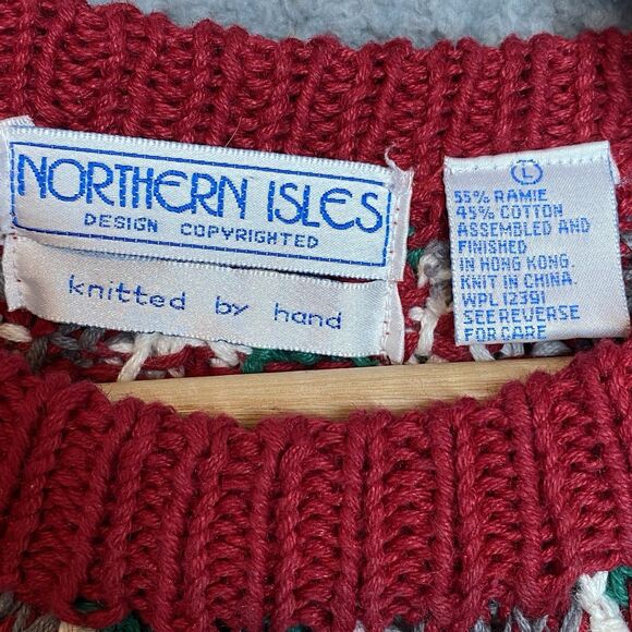Vintage Northern Isles Hand Knit Sweater Sz L Red Fair Isle Ski 80s 90s - Picture 9 of 16